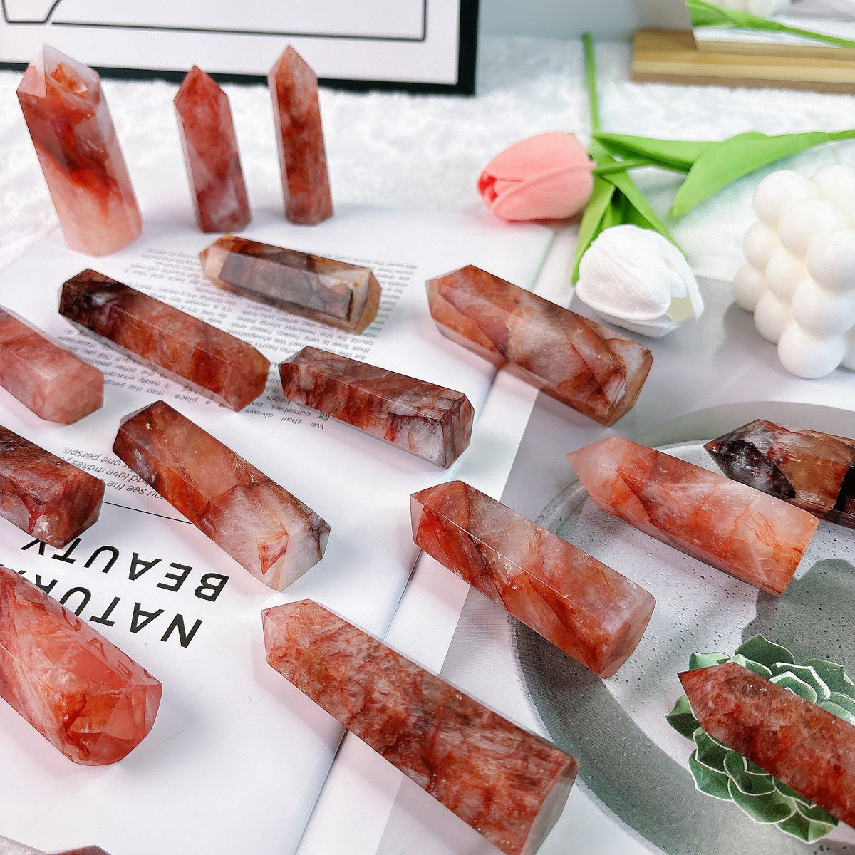 200g Natural  Crystal  fire quartz tower